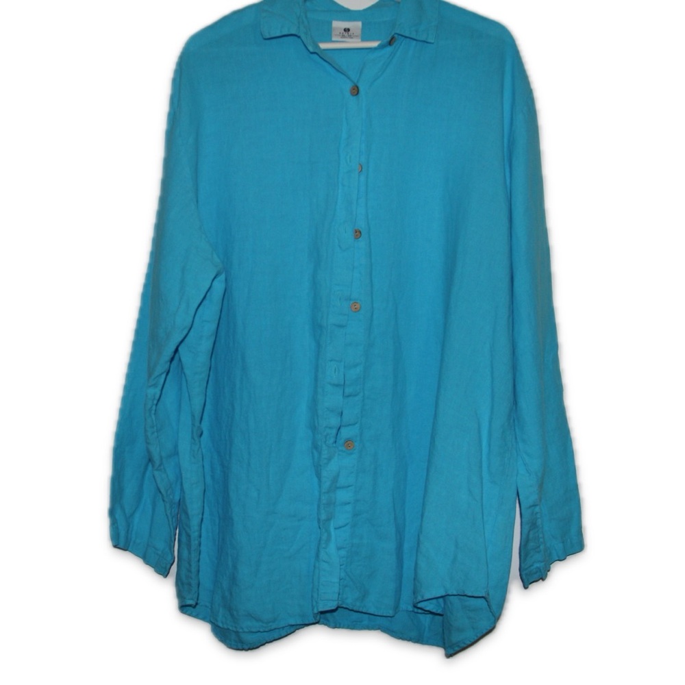 Linen Vintage Oversize Turquoise Button-Down Shirt Size XL